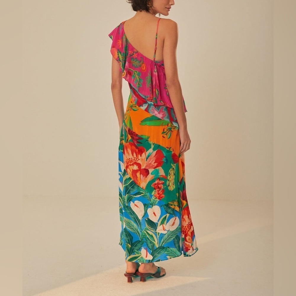 FARM Rio Mixed Flowery Ruffle One Shoulder Midi Dress Size M - Picture 9 of 16